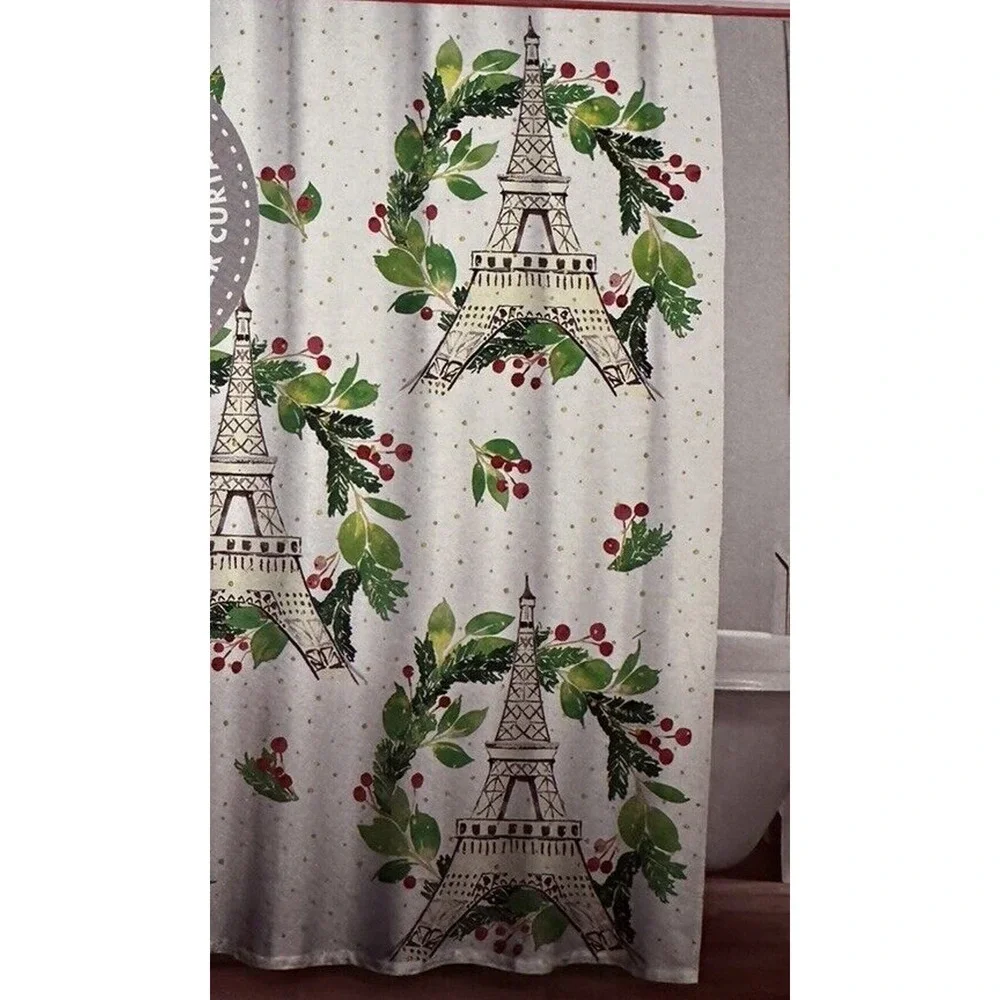 NEW Simply Lux Living Eiffel Tower Christmas Fabric Shower Curtain with‎ Hooks